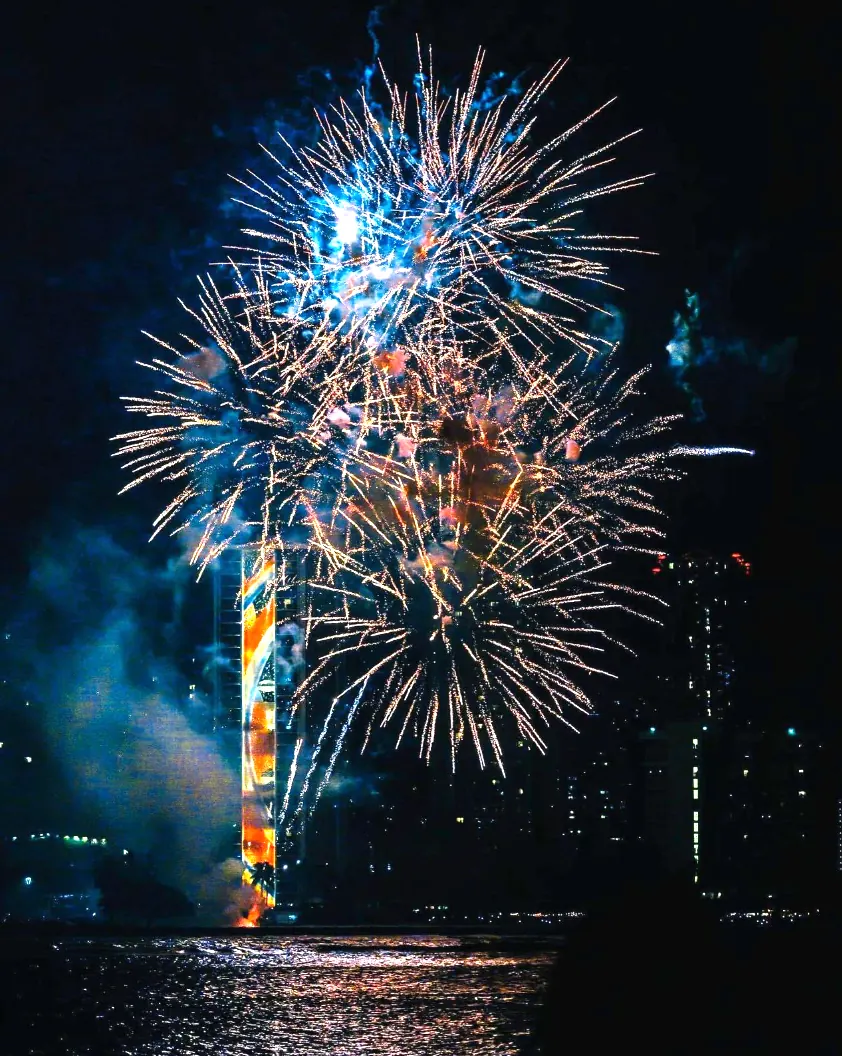 Fireworks above Waikiki’s Rainbow Tower with reflections on the water