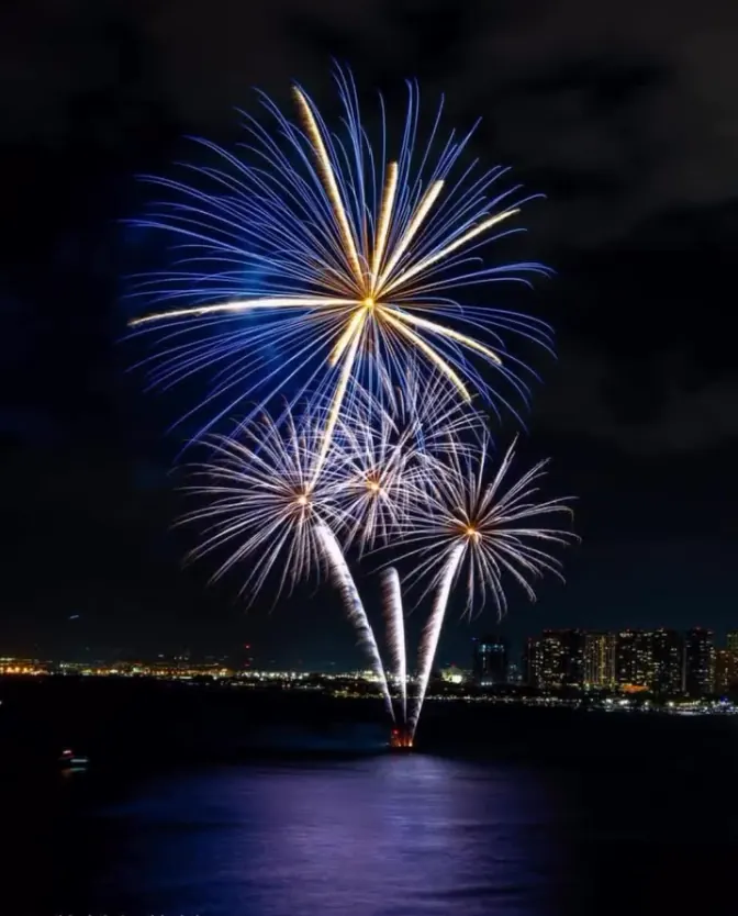 Blue and gold fireworks bursting above the ocean and city lights