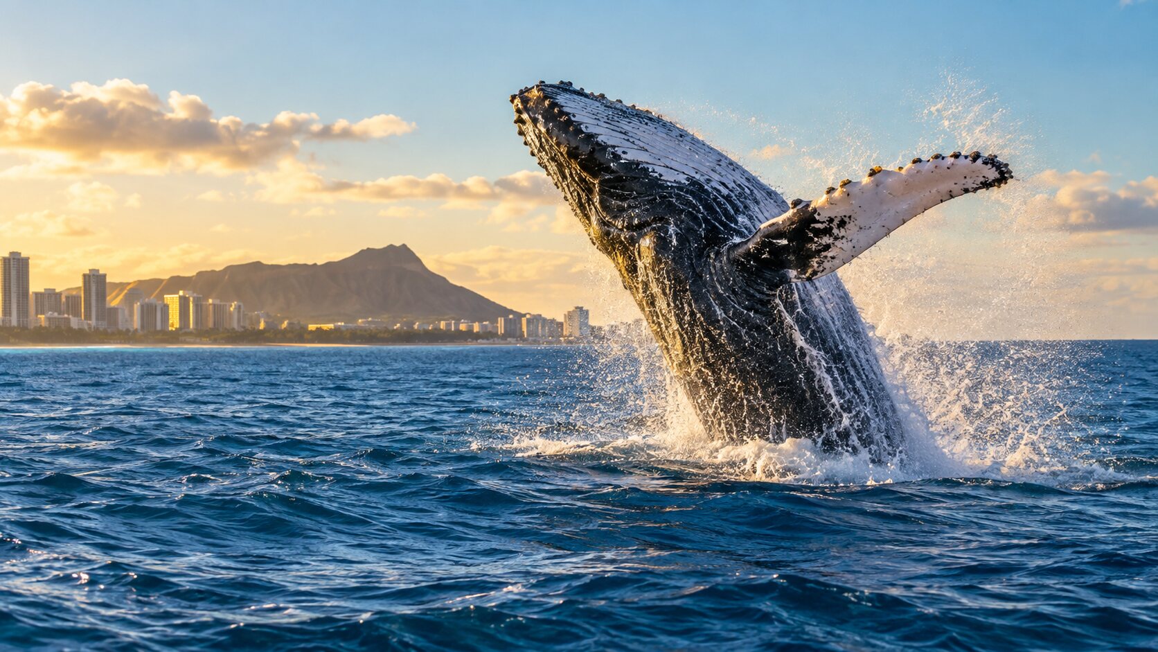 Humpback whale breaching in the blue Pacific Ocean off Hawaii